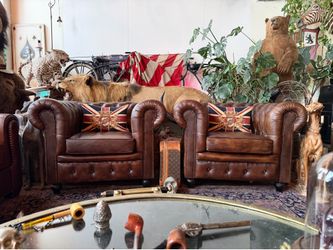 Vintage Cigar Brown Real Buffalo Leather Chesterfield Chairs Kensington Tufted set