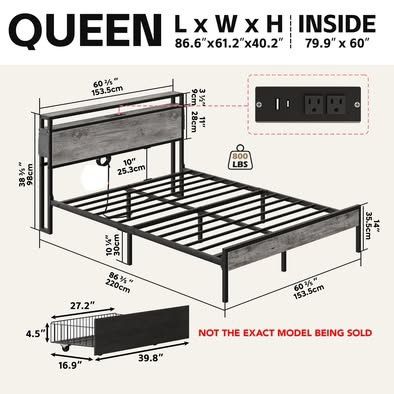 New Grey Queen Size LED Platform Bed Frame with Shelves and 4 Storage Drawers Headboard Charge Station