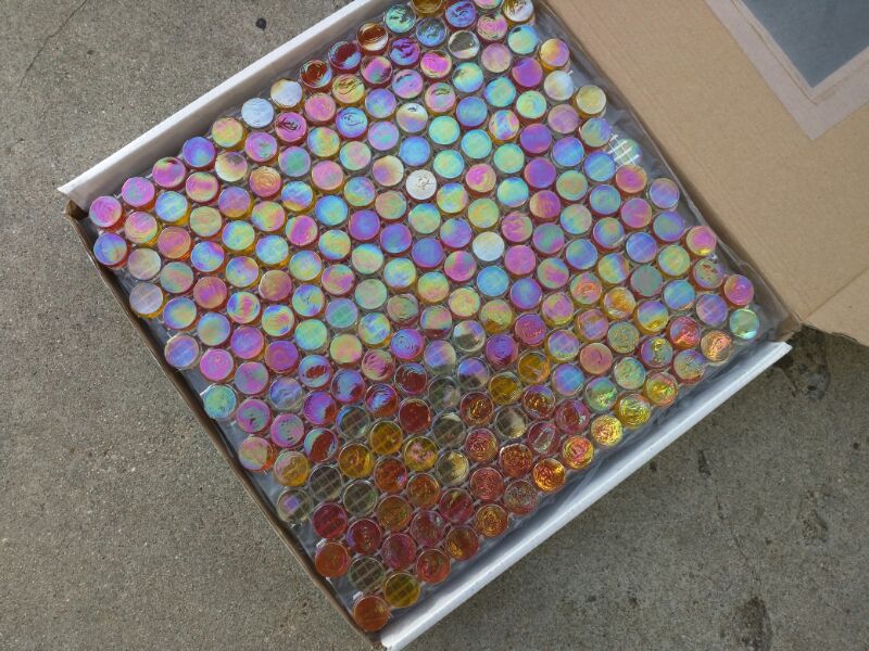 Iridescent penny glass tile