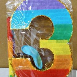 Number 3 Piñata with Stick, Blindfold, and Confetti, 