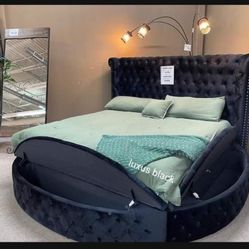 King/ Queen Round Black Velvet Bed With Storage 💥 Color Options 👍Brand New 🌟 In Stock✅