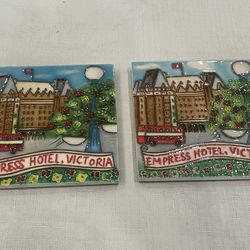 Pair of decorative ceramic souvenir tiles depicting the Empress Hotel, Victoria. 4”x 4”