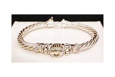 7" Solid Sterling Silver w 14k Overlay "Samuel Benham" Twisted Cable Lemon Citrine Hinged Bracelet, signed