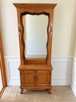 Oak Hall Tree with Mirror and Storage Cabinet