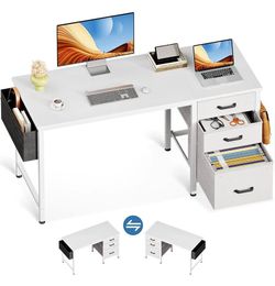 40 Inch White Small Home Office Computer Desk for Bedroom with Fabric Drawers & File Cabinet