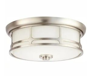 Hampton Bay Portland Court 14 in. 1-Light Brushed Nickel LED Flush Mount Ceiling Light with Etched White Glass