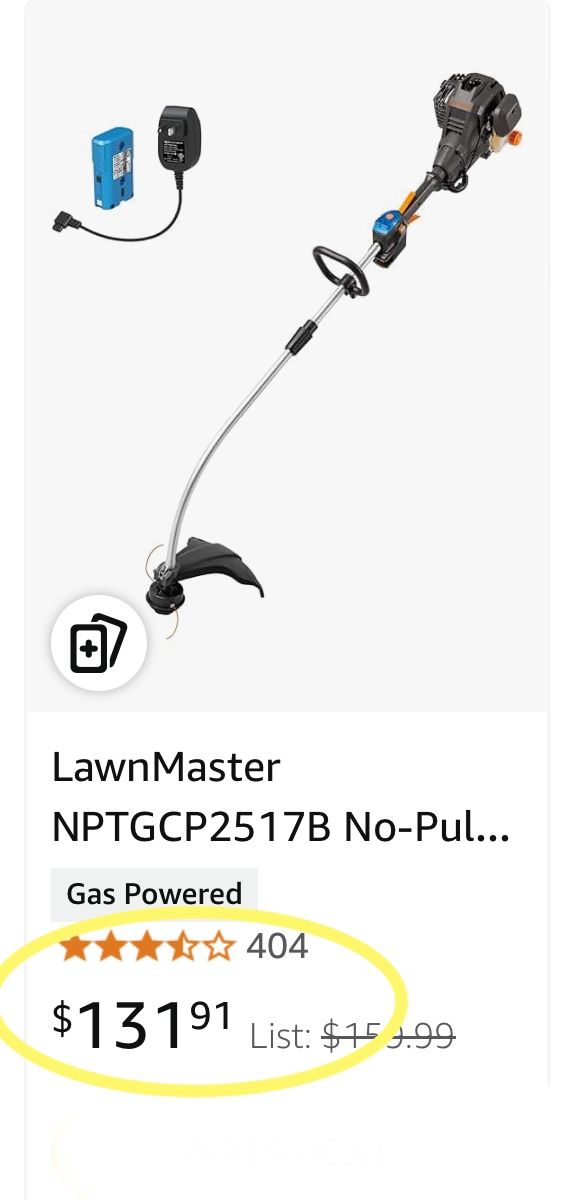 LawnMaster NPTGCP2517B No-Pull Gas String Trimmer with Electric Start 25cc 2 Cycle,17-Inch