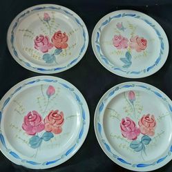 Blue Ridge Pottery Hand Painted Pink Red Rose Floral 10" Dinner Plates X 4 W Blue Rims