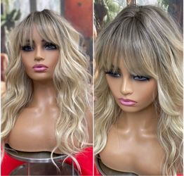 Human/synthetic Long Wavy Blonde Ombre Wig with Bangs
