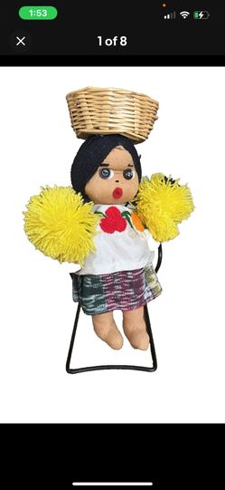 Vintage Rare Mexican Folk Art Doll Basket On Head 9" Tall Pom Poms Collectible