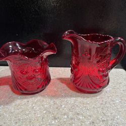 Vintage Fenton Ruby Red Glass GRAPES Creamer & Sugar