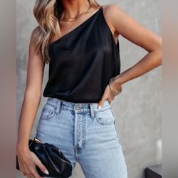 One Shoulder Strap Black Satin Top, 🔥