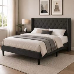 Black King Size Upholstered Bed Frame | Diamond Tufted Headboard