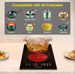 Dual Heating Coil Design of 2 Burner Electric Cooktop, 1800W Commercial Ceramic Infrared Cooking Hot Plate, Portable Countertop or Built-in Radiant St