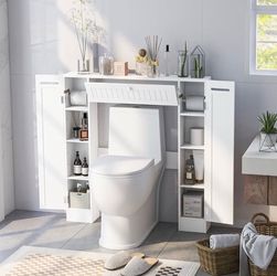 Short Over The Toilet Storage Cabinet, Bathroom Organizer w/Paper Holder, Adjustable Shelves & Bottom Bar, Freestanding Space Saver Above Toilet Stora