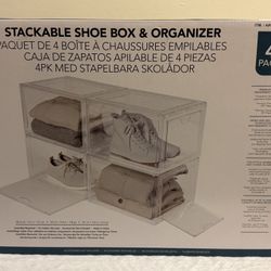 4 Pack - Stackable Shoe Box Storage And Organizer