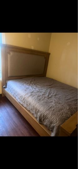 Wood Bed Frame with Upholstered Headboard