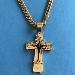 Gold On Stainless Steel Cross with Black Detail On 24” Cuban Style Chain *Pickup Boca Raton Or Ship Nationwide