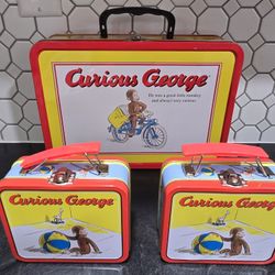 Vintage 1998 Curious George Tin Metal Lunch Box And 2 Mini Tin Lunch Boxes