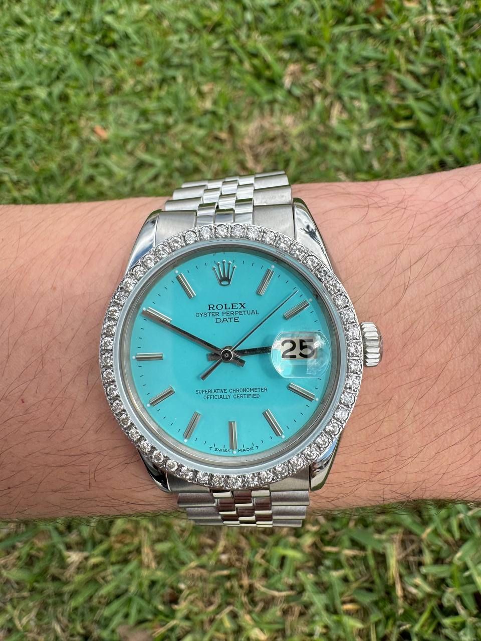 Rolex Date 34mm Tiffany blue turquoise dial diamond bezel stainless steel jubilee bracelet watch