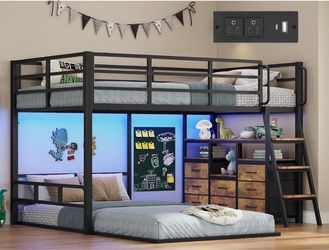 Black & Rustic Brown Twin Bunk Bed with Fabric Drawers and LED Lights