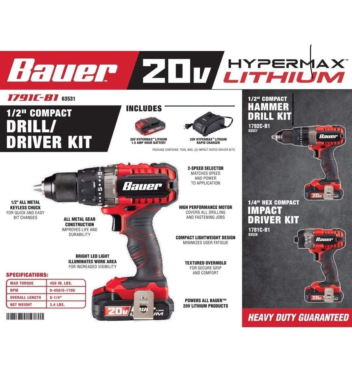 bauer HIGH-PERFORMANCE MOTOR ALL-METAL GEAR CONSTRUCTION COMPACT LIGHTWEIGHT DESIGN Baur Bauer мии Bauer 20v HYPERMAX-LITHIUM-ION FOR MAXIMUM PERFORMA