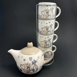 EFYA Deco Tea Set with Stacking Cups Cats Family Love with Stand France