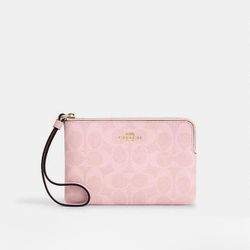 Coach CAQ75 Corner Zip Wristlet In Signature Canvas In Gold/Powder Pink NWT