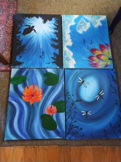 Paintings Set of 4 Hand Painted 16"x20" Nature Flower Butterfly Turtle Blue Art Work Great Condition All for $10