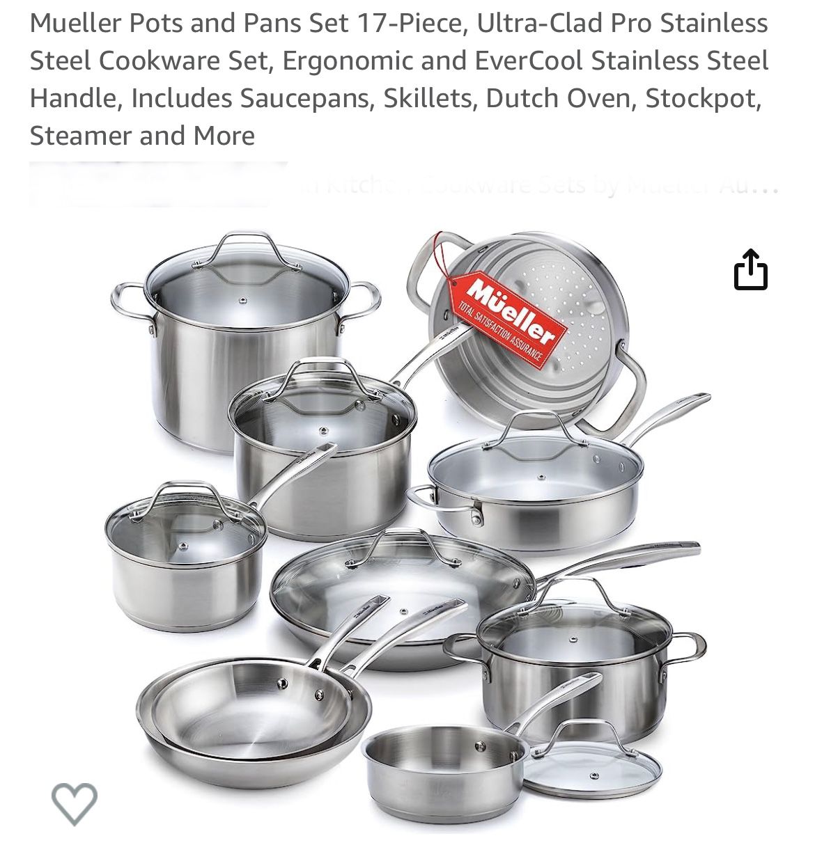 Mueller Pots and Pans Set 17-Piece, Ultra-Clad Pro Stainless Steel Cookware  Set, Ergonomic EverCool Handle, Includes Saucepans, Skillets, Dutch Oven