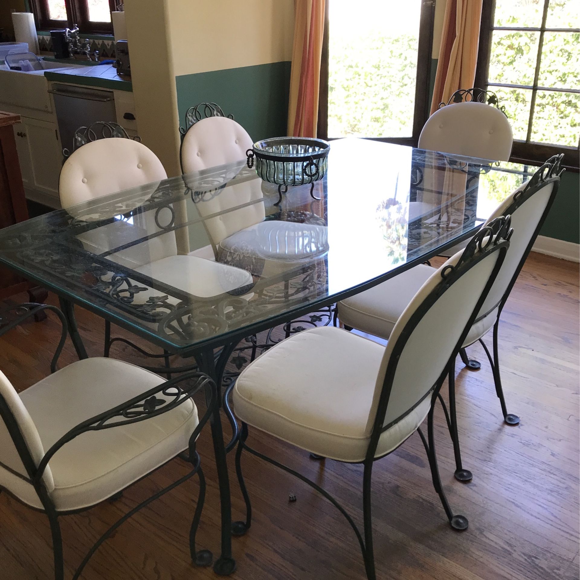 Six Person Vintage Wrought Iron Glass Breakfast Table