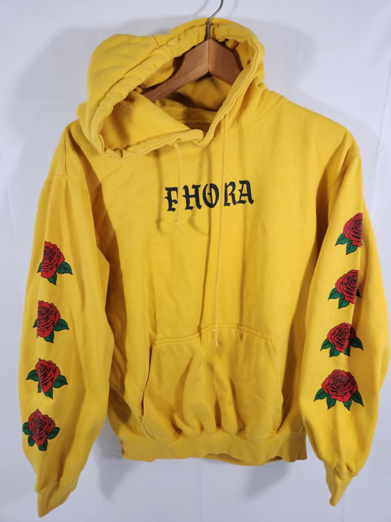 RARE Phora Three Layer Pullover Hoodie Sweatshirt Sz L/XL Yellow Roses Spellout