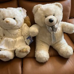 PAIR (NEW) 2) Girl/Angel Bear Party dress With Halo And Wings.  ;; Boy Bear With Bow Tie Plush Stuffed Animals ! (2)