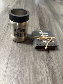 Stainless steel beer can coozie and ceramic coasters