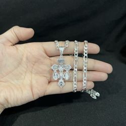 925 Sterling Silver Virgin Milagrosa Benito Pardon Cross Figaro Chain