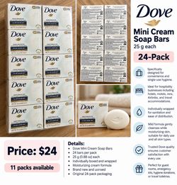 Dove Mini Cream Beauty Bars, 25g Travel Size, 24 Pack, Brand New
