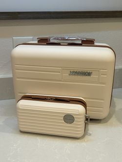 Joyway 14in + 7in Hardshell Cosmetic Bag Set - Cream/Brown Travel Must-Have! 77469