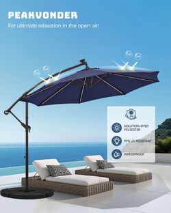 10ft Offset Patio Umbrella, Large Cantilever Umbrella Outdoor Patio with Solar Lights, Dual Charging