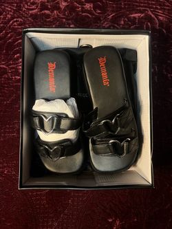 Demonia Flip-12” Black Matte Heart Slides - Size 6