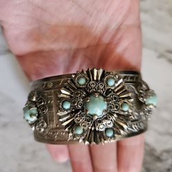 Vintage Silver Filigree Faux Turquoise Cuff Bracelet 