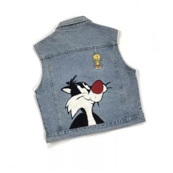 VINTAGE SYLVESTER TWEETY BIRD DENIM VEST SMALL S WOMENS LOONEY TUNES WARNER BROS