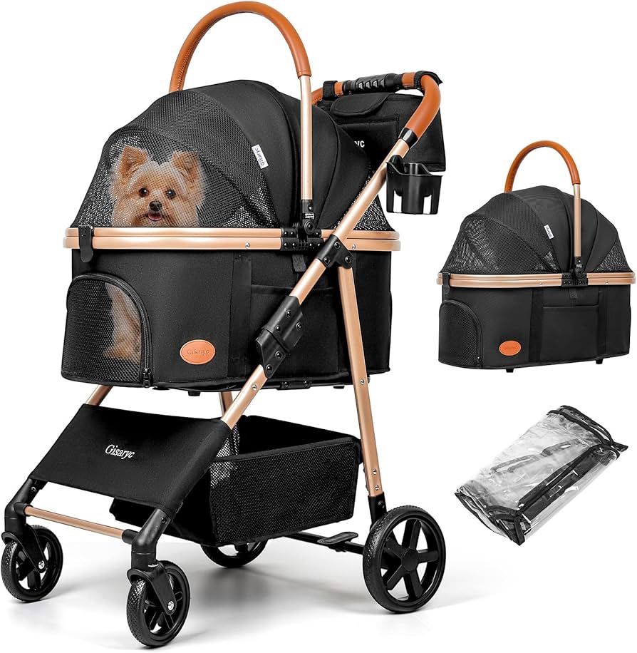 Dog Cat Stroller for Small/Medium Pets up to 50 lbs, 3-in-1 Foldable Pet Stroller with Detachable Carrier, Car Seat, Storage Basket, Cup Holder, Hangi