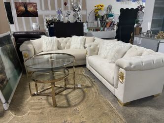Brand new sofa and loveseat cream with gold accents