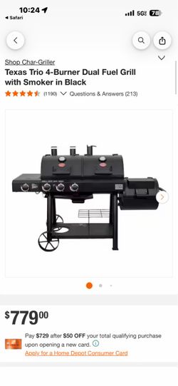 Texas Trio 4-Burner Dual Fuel Grill with Smoker in Black