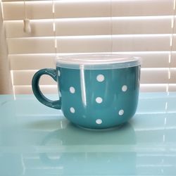 New Signature Housewares Teal Polka Dot Jumbo Mug/Bowl with Lid