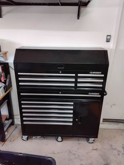 Husky 52 inch W x 65 inch H x 18 inch D Heavy duty Toolbox with soft close drawers and power strip on top