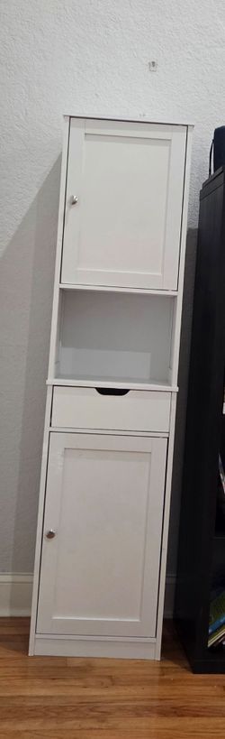 White Tall Storage Cabinet with Doors and Drawer