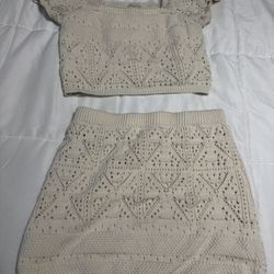 Cream knit two-piece set - cropped top and mini skirt #knitset