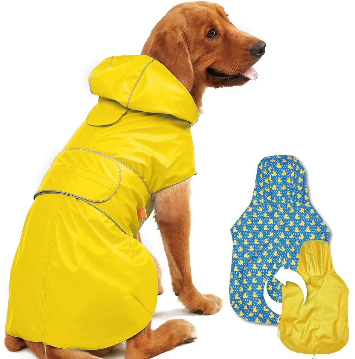 Kimee Dog Raincoat Reversible, Single Side Slicker Poncho Adjustable Waterproof Dog Rain Jacket With Leash Hole