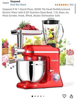 Vospeed 9-in-1 Stand Mixer Meat Grinder, Hook, Whisk, Beater